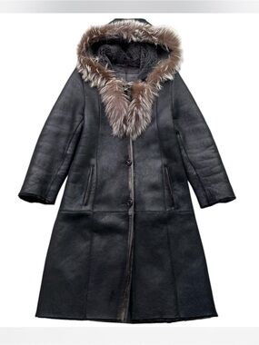 Italian Long Shearling Leather Trench Coat with Fur-Trim Hood